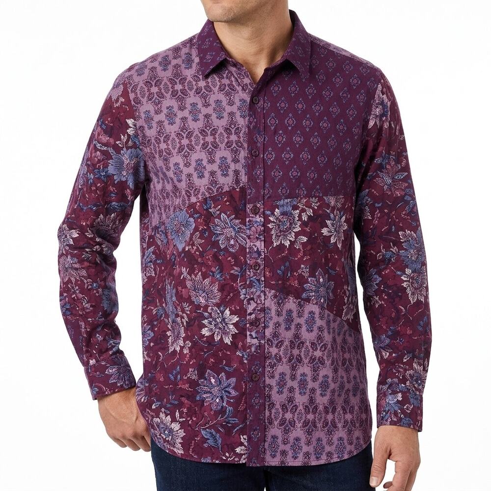 Coldwater Creek Purple Patchwork Button-Up Shirt Men Size XL